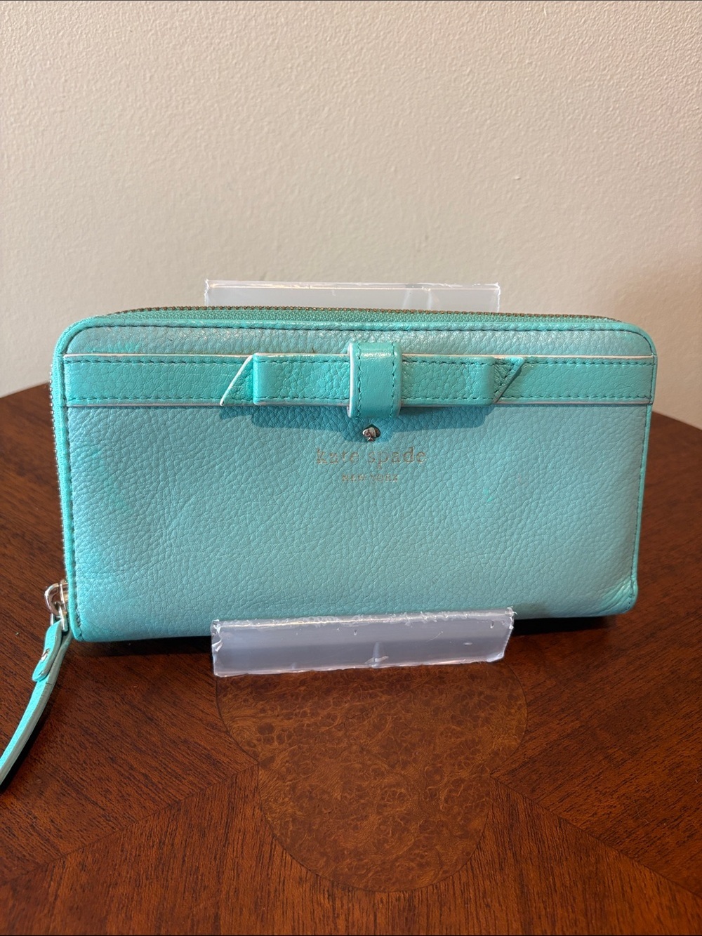 kate spade  zip-around wallet long wallet/bow accent pebbled, leather turquoise